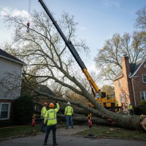 Professional Emergency Tree Removal Service in Fort Wayne team in Fort Wayne using a crane to safely lift and clear a large fallen tree next to a house after storm damage.
