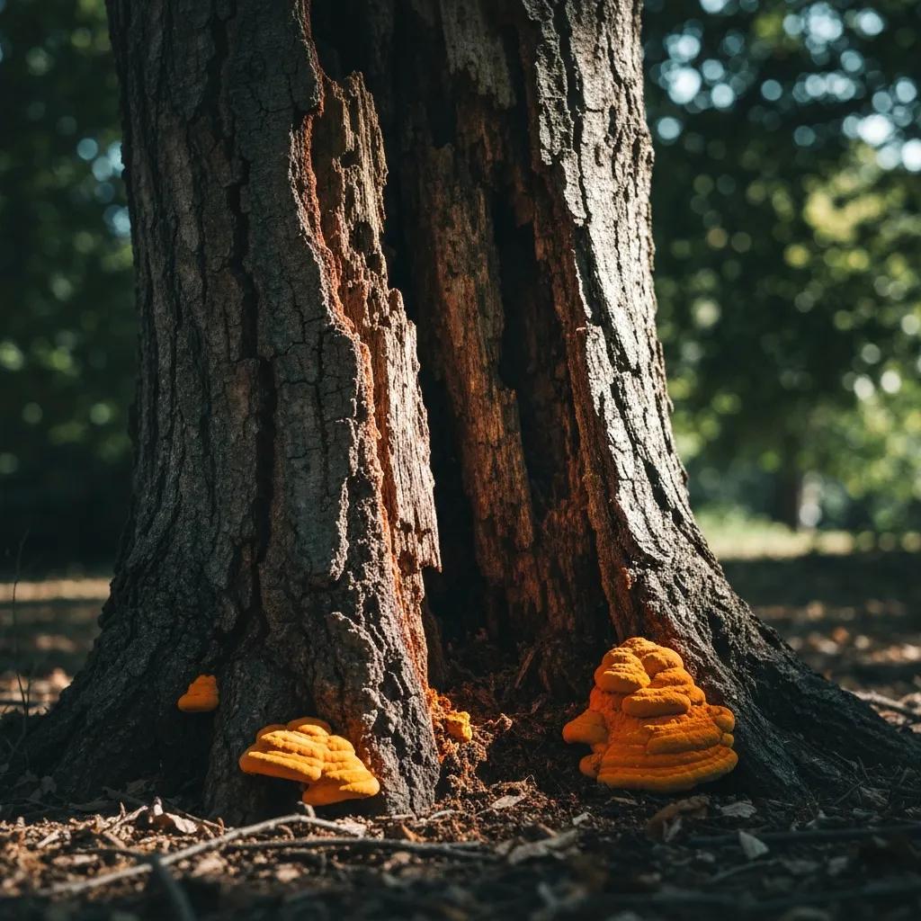 Close-up of a tree showing split trunk and fungal growth — signs of structural failure