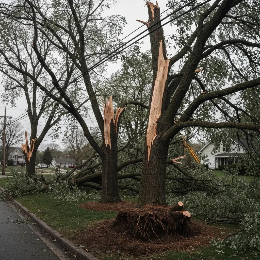 Examples of split trunks, uprooted trees, and storm damage in a residential area