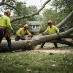 Emergency tree removal team working on a fallen tree in Fort Wayne, showcasing professional arborists in action