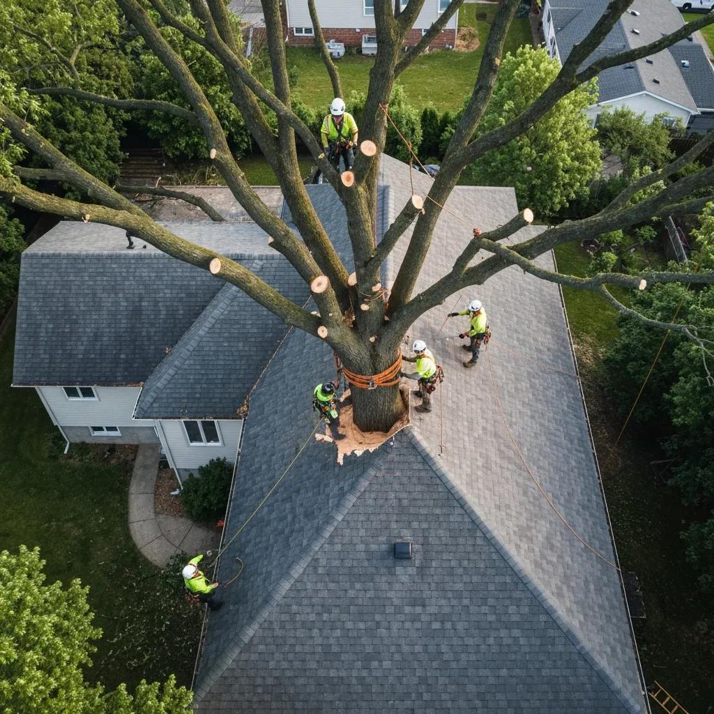 Crew using safety gear to control the removal of a large tree from a roof