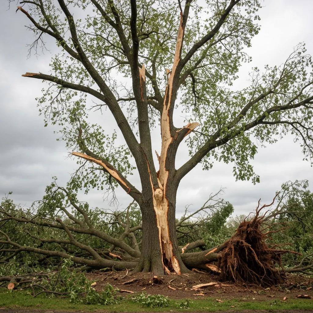tree-showing-storm-damage-with-broken-limbs-and-cracks-in-the-trunk-c5995524-8367-4365-bf07-296e2ef1892awebp | Tree Service Fort Wayne Tree with broken limbs and trunk cracks from storm damage