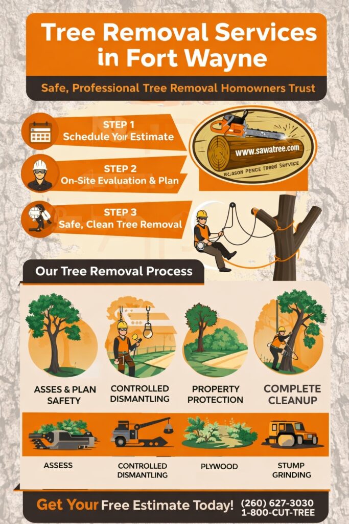 Tree Removal Fort Wayne Process | Safe Professional Tree Service Professional tree removal Fort Wayne infographic explaining safety planning, crane and climber techniques, turf protection, and stump grinding options.