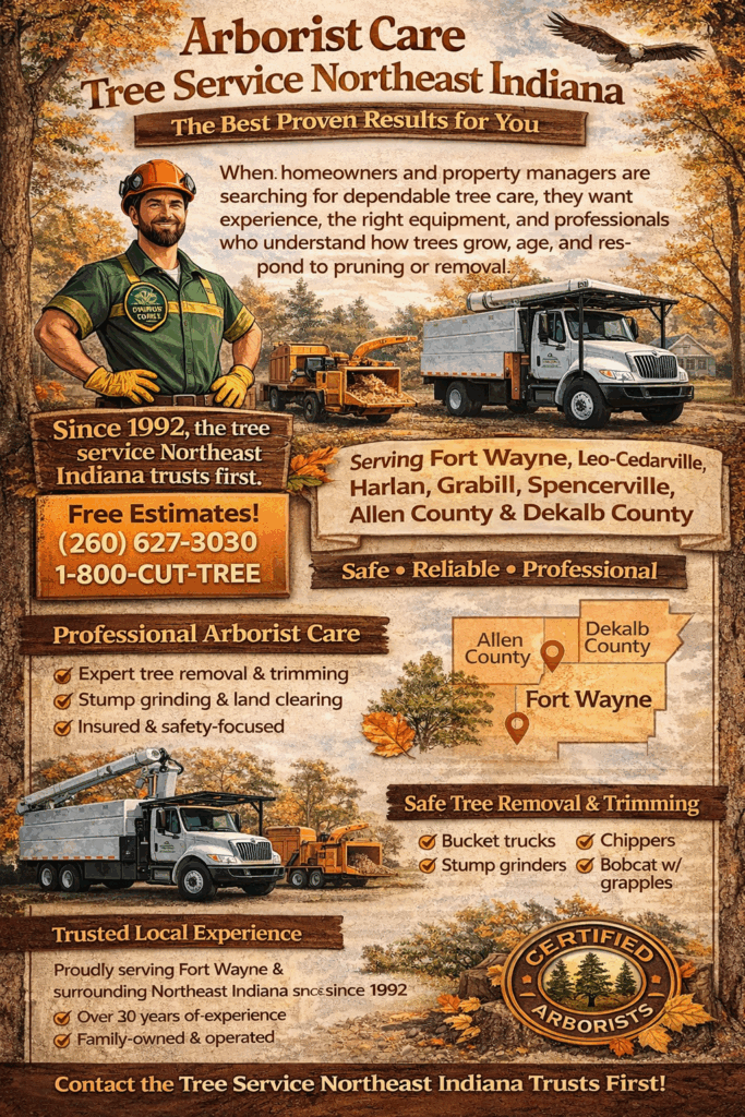 Arborist Care Tree Service in Northeast Indiana Infographic | Tree Service Northeast Indiana Jason Pence Tree Service the the tree service Northeast Indiana chooses first, This is an infographic showing arborist care tree service in Northeast Indiana including safe tree removal, pruning, trimming, and certified arborist evaluation